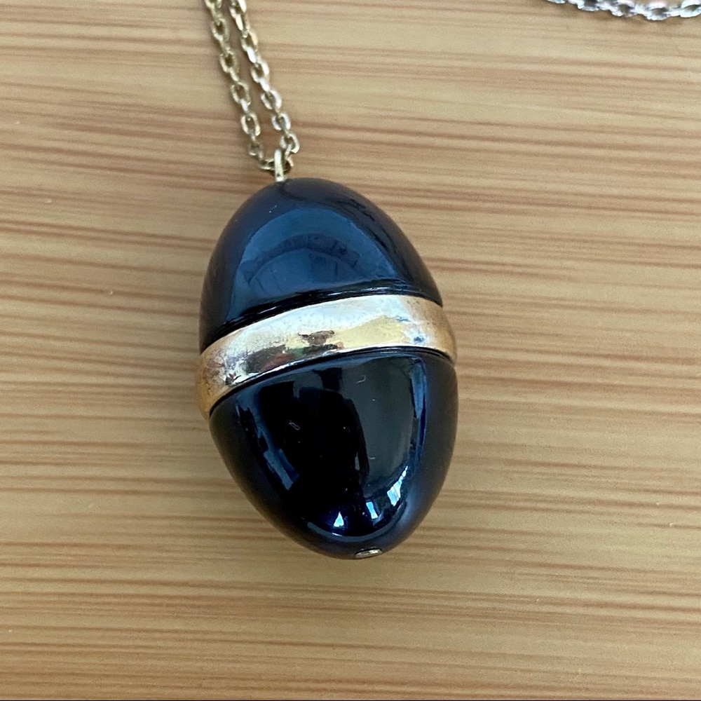 Black Egg Pendant Necklace Gold Tone Band Oval Stone Long Chain Jewelry - Picture 3 of 3